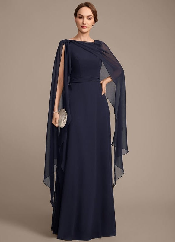 Robe de Soirée Longue Bleue En Mousseline Avec Nœud Plissé - gallery 2