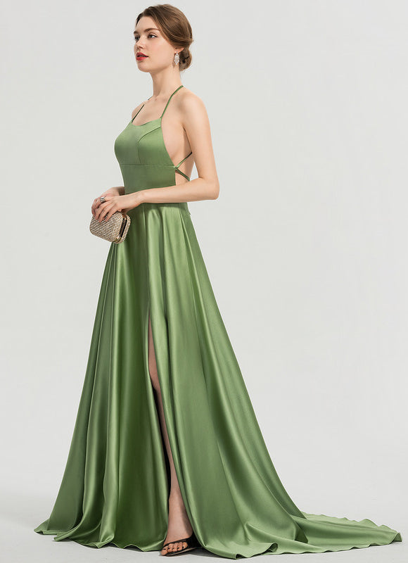 Robe de Soirée Satinée Olive - gallery 1