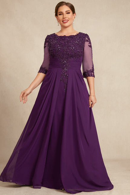 Robe de Soirée Longue Bordeaux En Mousseline Dentelle Perles - gallery 8