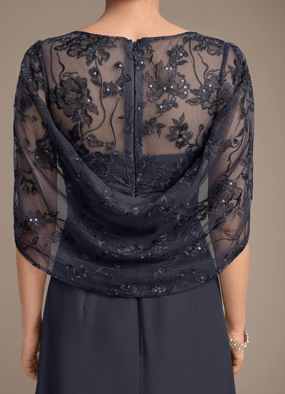 Robe de Soirée Longue Bleu Marine Dentelle Mousseline Volants - gallery 7