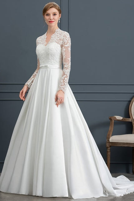 Robe de Soirée Longue Blanche Princesse Dentelle Col V