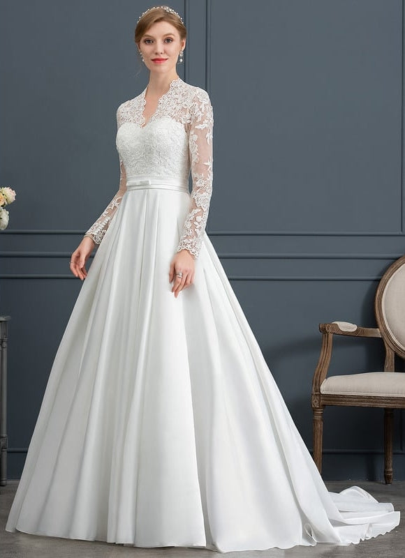 Robe de Soirée Longue Blanche Princesse Dentelle Col V