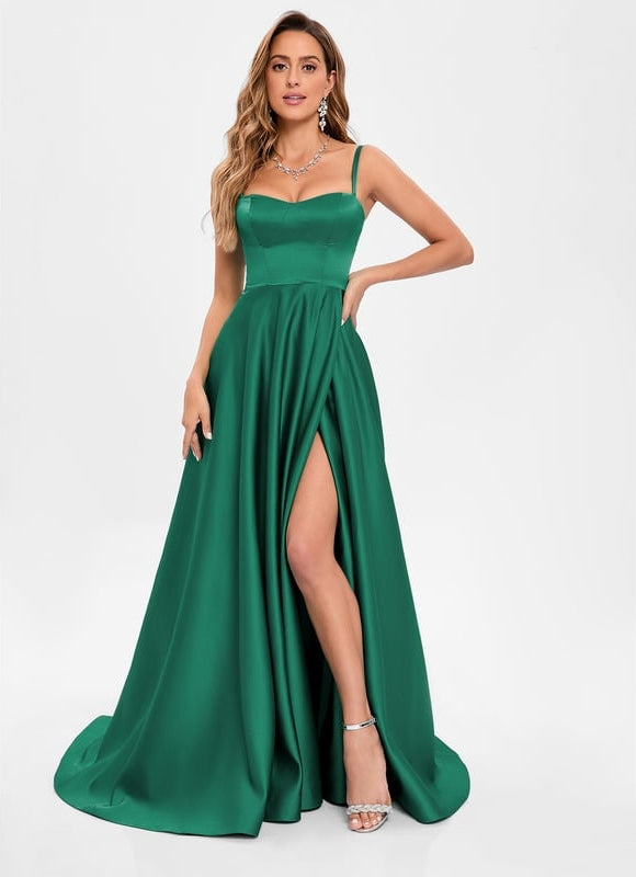 Robe de Soirée Longue Verte Satin Avec Échancrure