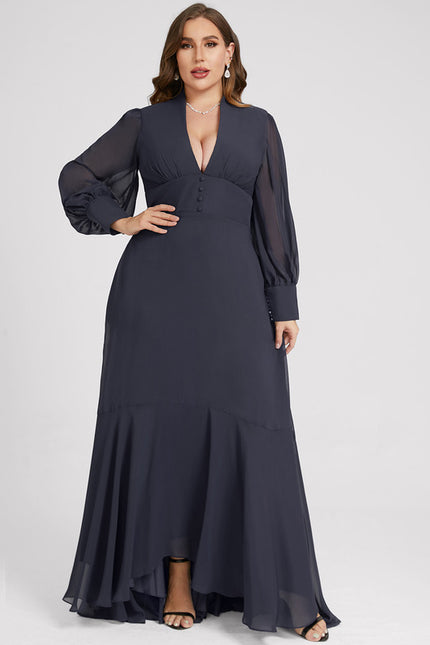 Robe de Soirée Longue Bleue En Mousseline Asymétrique - gallery 9