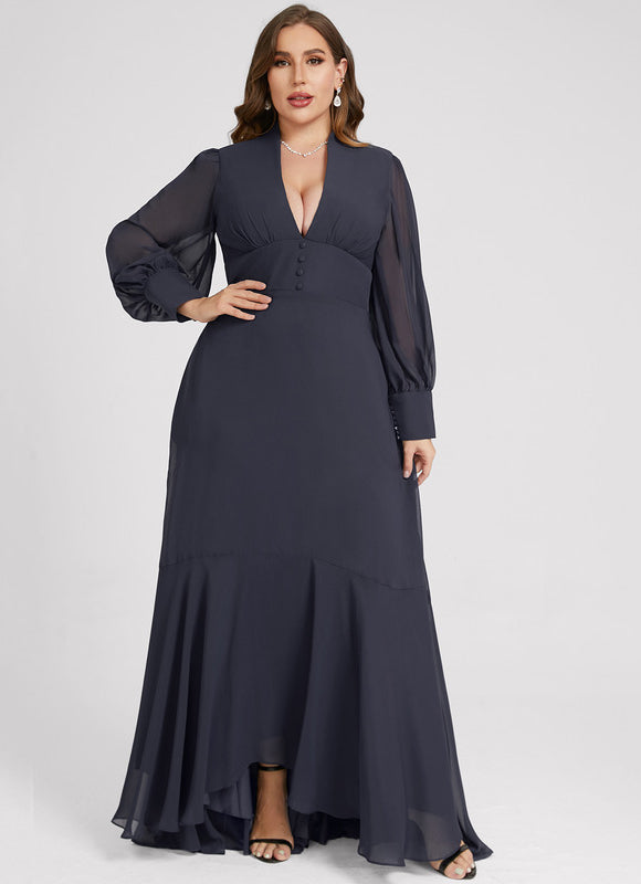 Robe de Soirée Longue Bleue En Mousseline Asymétrique - gallery 9