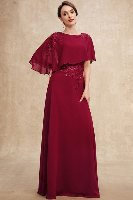 Robe de Soirée Longue Bordeaux En Mousseline Dentelle Perles - gallery 4