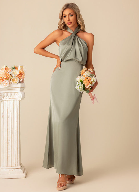 Robe de Soirée Satin Vert Poudré - gallery 2