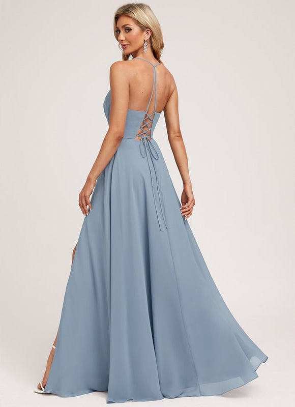 Robe de Soirée Mousseline Beige - gallery 1