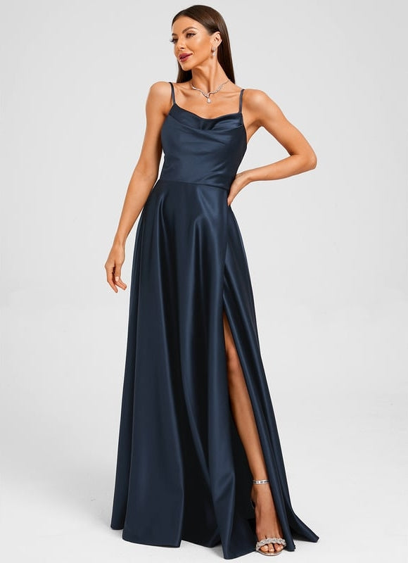 Robe de Soirée Satin Marine Élégante