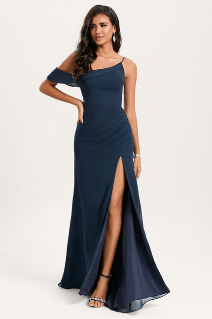 Robe de Soirée Drapé Asymétrique Marine