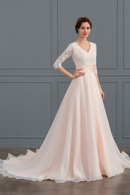 Robe de Soirée Longue Blanche Princesse Dentelle Voile - gallery 1