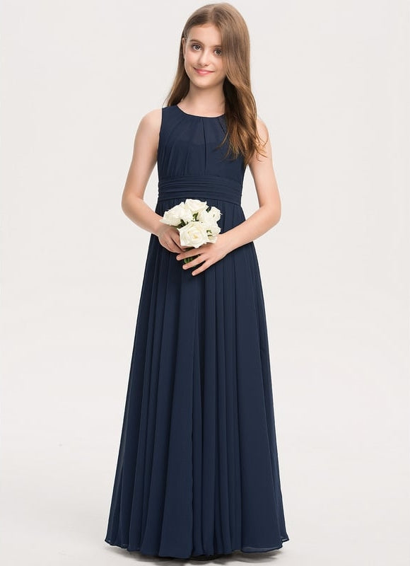 Robe de Soirée Longue Bleue En Mousseline Pour Demoiselle D'Honneur - gallery 1
