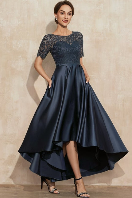 Robe de Soirée Longue Bleu Satiné Dentelle.