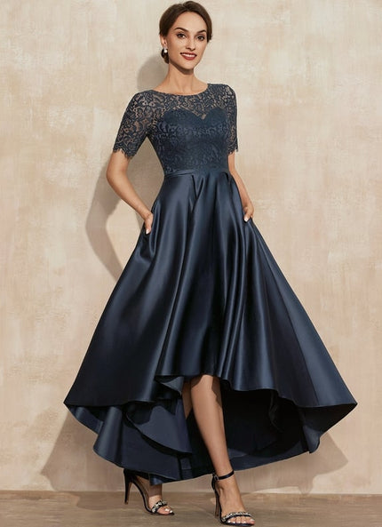 Robe de Soirée Longue Bleu Satiné Dentelle.