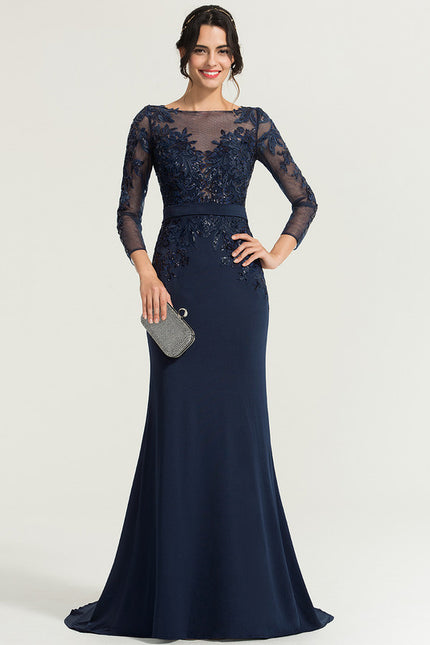 Robe de Soirée Longue Bleue En Dentelle Élégante - gallery 3