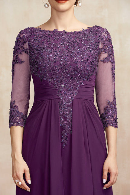 Robe de Soirée Longue Bordeaux En Mousseline Dentelle Perles - gallery 1