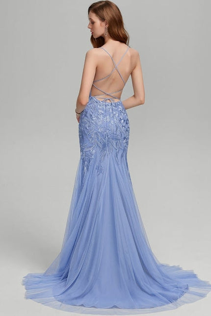Robe de Soirée Satin Bleu Éthéré - gallery 1