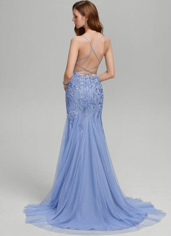 Robe de Soirée Satin Bleu Éthéré - gallery 1