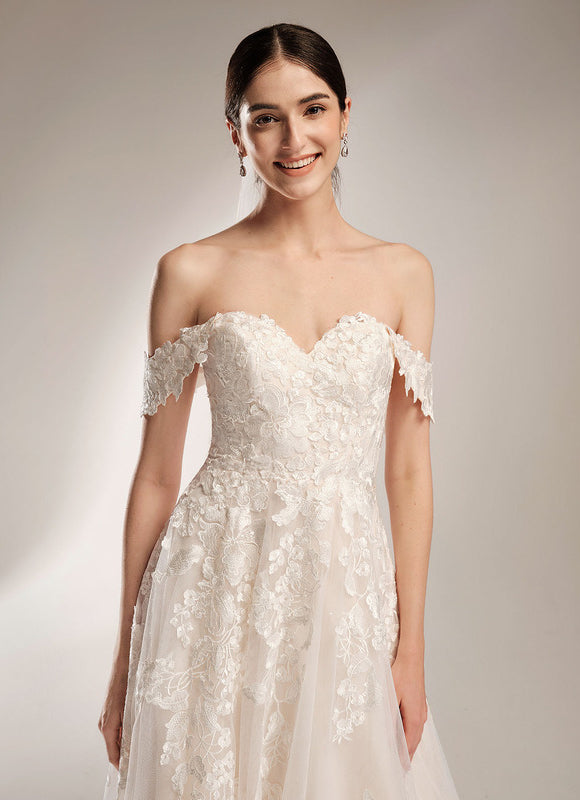 Robe de Soirée Longue Blanche Mariage Dentelle Epaule Dénudée - gallery 1