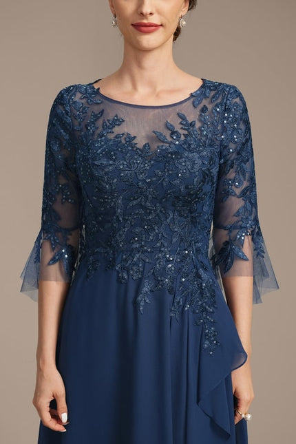 Robe de Soirée Longue Bleu Marine Dentelle Mousseline Volants - gallery 6