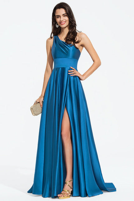 Robe Longue Bleu Satin Balayeuse Bal De Soirée - gallery 2