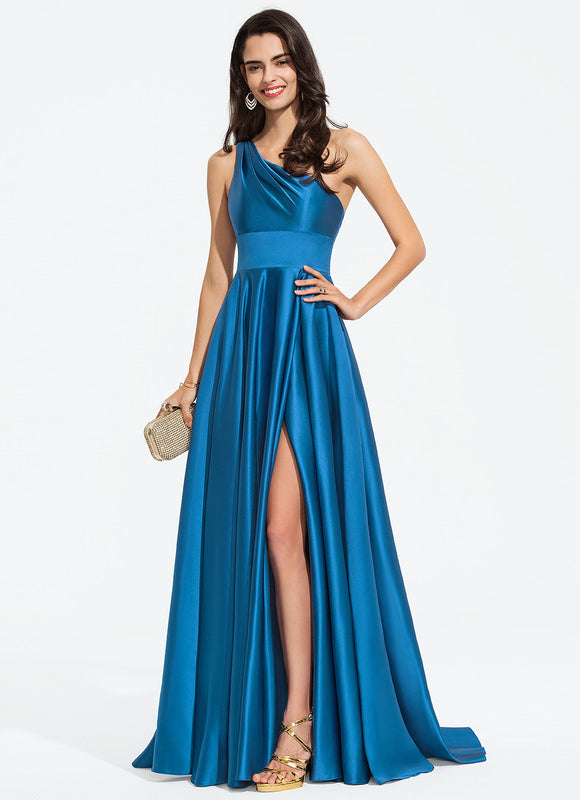 Robe Longue Bleu Satin Balayeuse Bal De Soirée - gallery 2