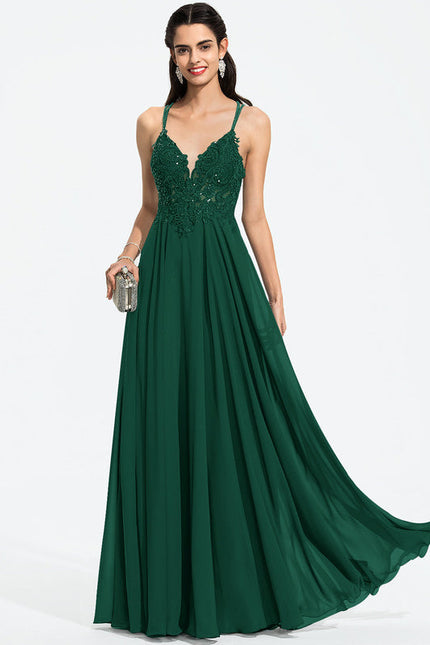 Robe Longue Vert Mousseuline Élégante Soirée