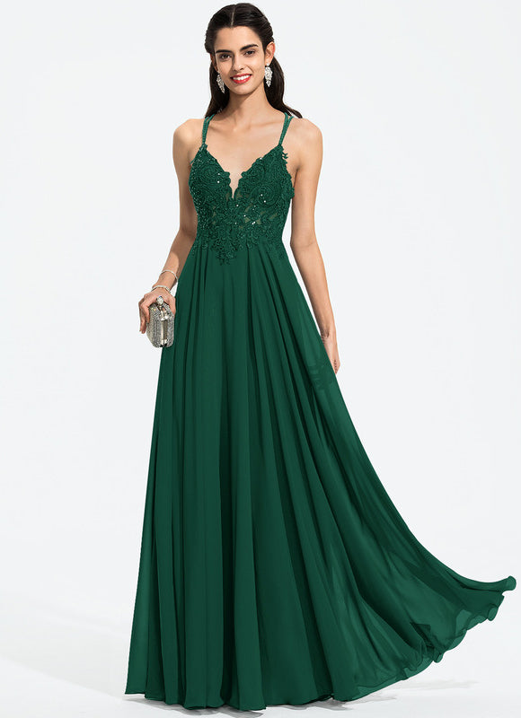 Robe Longue Vert Mousseuline Élégante Soirée
