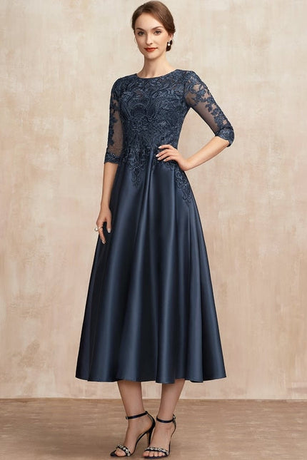 Robe de Soirée Longue Bleue Satin Dentelle Paillettes - gallery 3