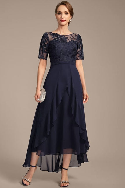 Robe de Soirée Longue Bleu Marine En Dentelle Et Mousseline - gallery 4