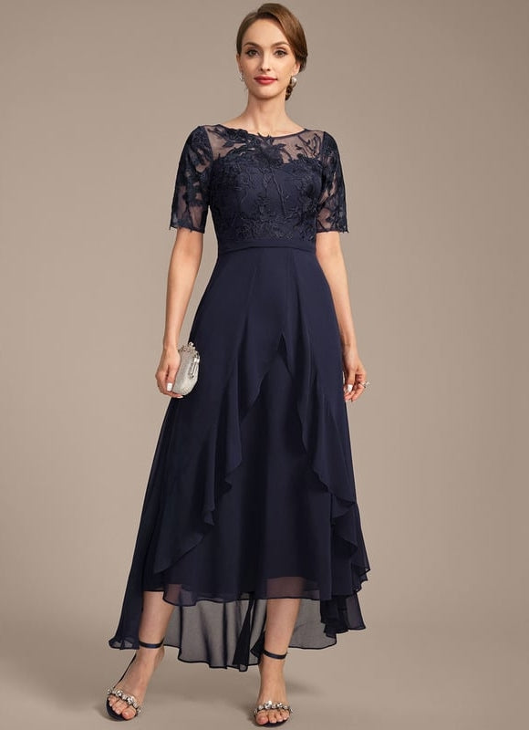 Robe de Soirée Longue Bleu Marine En Dentelle Et Mousseline - gallery 4