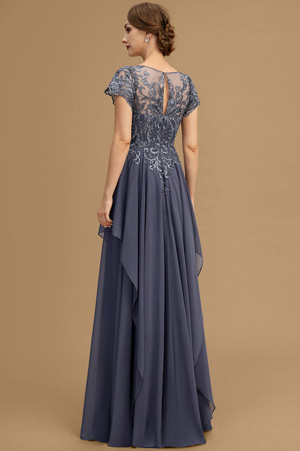 Robe de Soirée Longue Bleu Marine Dentelle Mousseline Volants - gallery 2