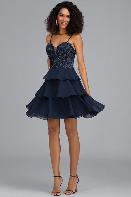 Robe de Soirée Longue Bleu Marine Dentelle Paillettes - gallery 1