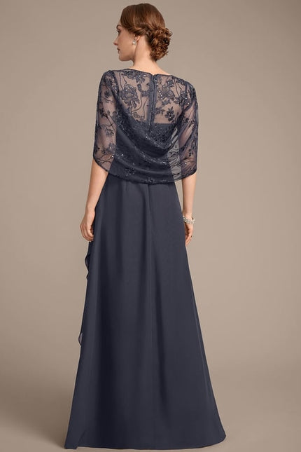 Robe de Soirée Longue Bleu Marine Dentelle Mousseline Volants - gallery 5