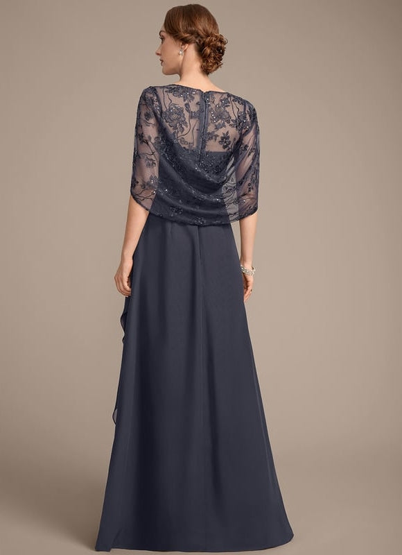Robe de Soirée Longue Bleu Marine Dentelle Mousseline Volants - gallery 5