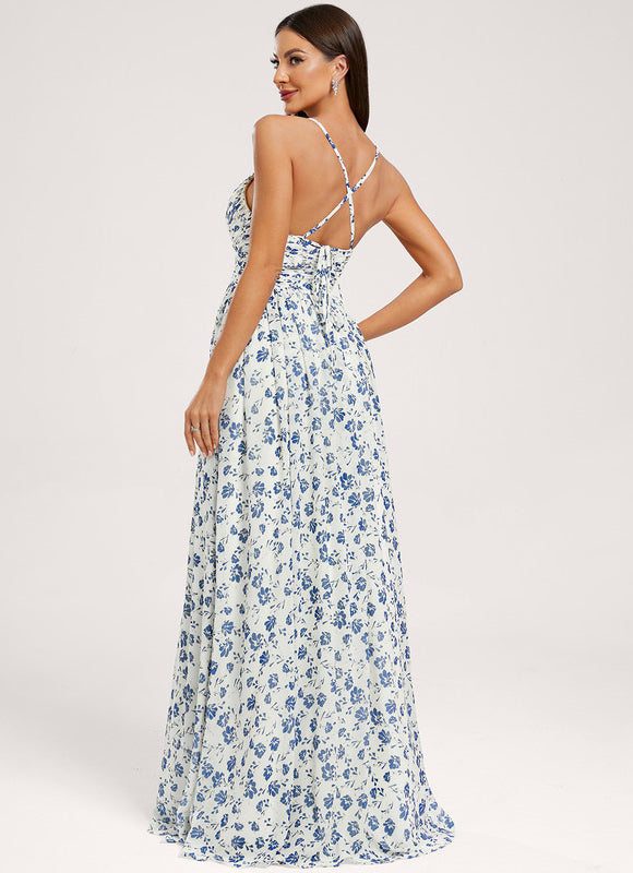 Robe de Soirée Mousseline Beige - gallery 4