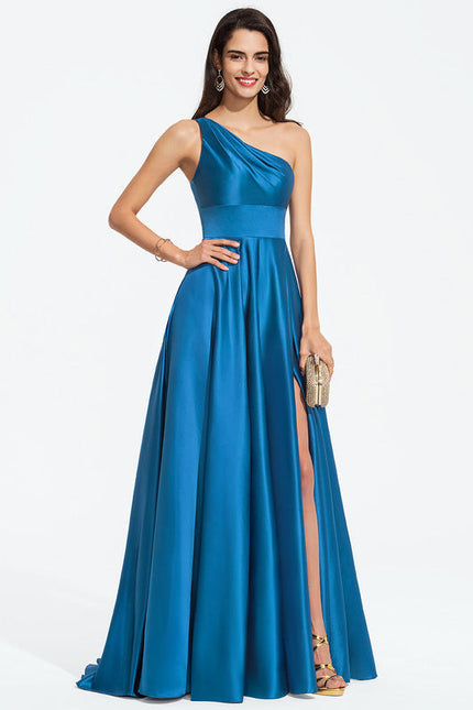 Robe Longue Bleu Satin Balayeuse Bal De Soirée