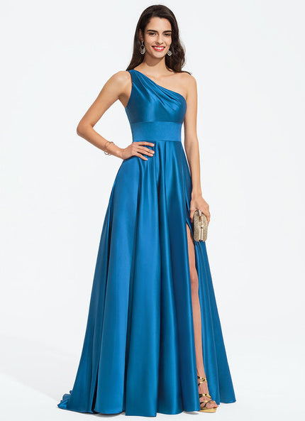 Robe Longue Bleu Satin Balayeuse Bal De Soirée
