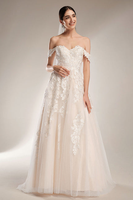 Robe de Soirée Longue Blanche Mariage Dentelle Epaule Dénudée - gallery 5