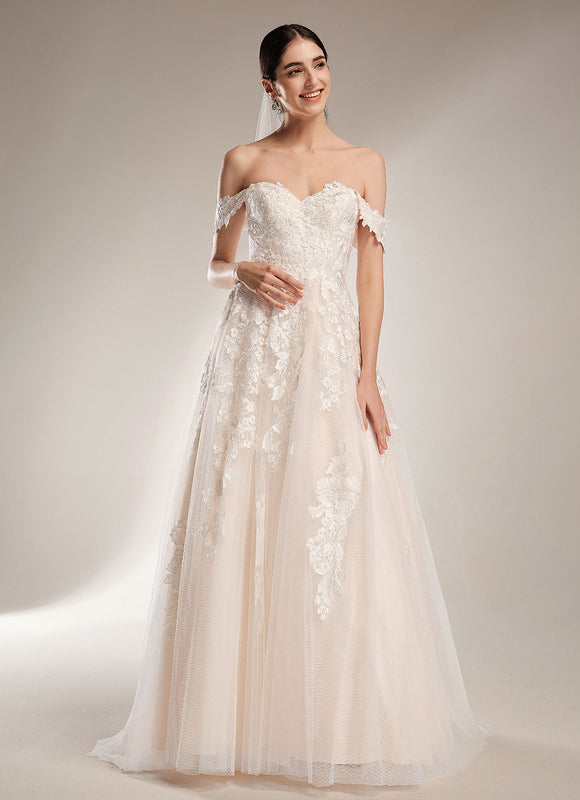 Robe de Soirée Longue Blanche Mariage Dentelle Epaule Dénudée - gallery 5