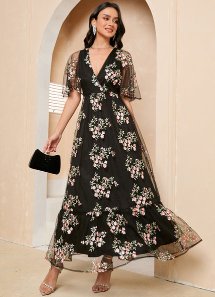 Robe de Soirée Fleur Noire Élégante