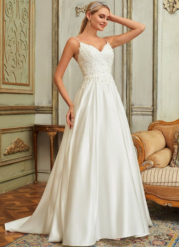Robe de Soirée Longue Mariée Satin Dentelle Perles Blanche - gallery 5