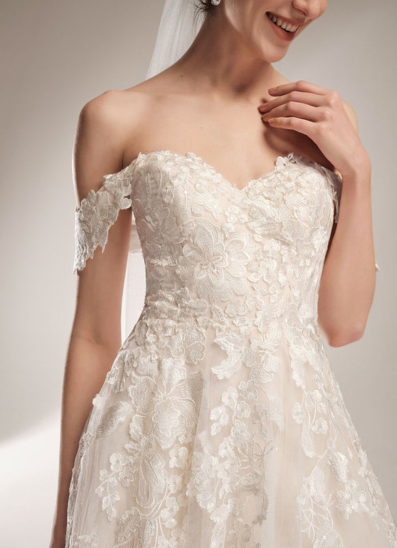 Robe de Soirée Longue Blanche Mariage Dentelle Epaule Dénudée - gallery 4