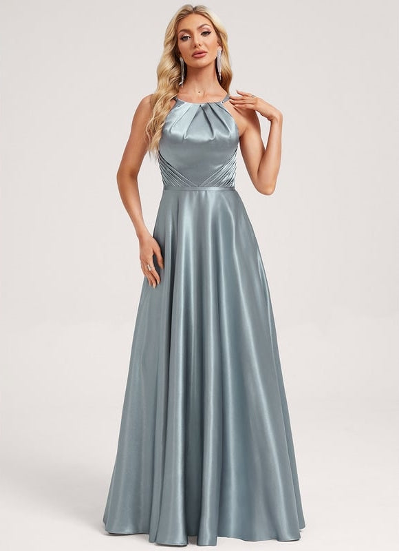 Robe de Soirée Satin Bleu Clair - gallery 1