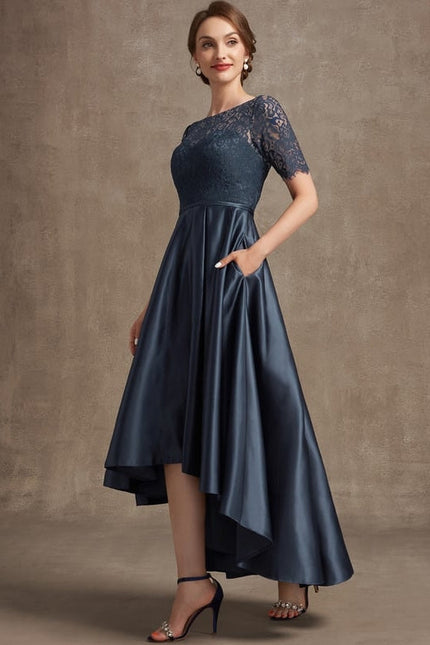 Robe de Soirée Longue Bleu Satiné Dentelle. - gallery 3