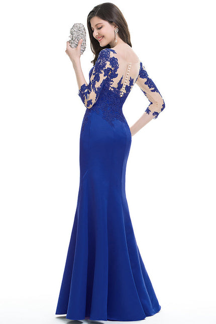 Robe de Soirée Longue Bleue Sirène Dentelle Satin - gallery 1