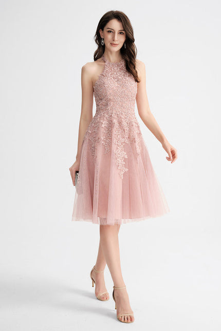Robe de Soirée Longue Rose Dentelle Tulle Bal De Promo