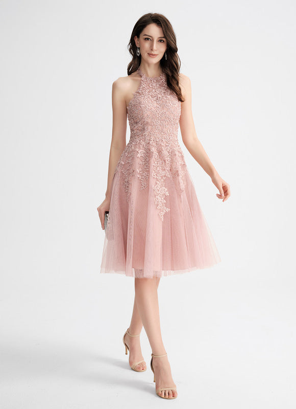 Robe de Soirée Longue Rose Dentelle Tulle Bal De Promo