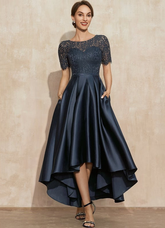 Robe de Soirée Longue Bleu Satiné Dentelle. - gallery 1
