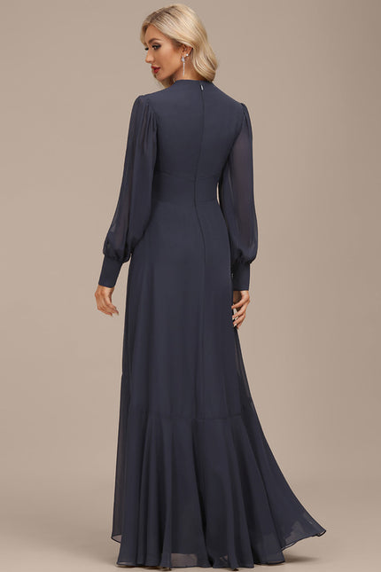 Robe de Soirée Longue Bleue En Mousseline Asymétrique - gallery 2